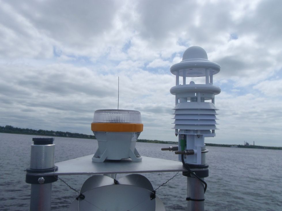 Top of Muskegon Lake Observatory Buoy with Lufft meteorological sensor and navigation light